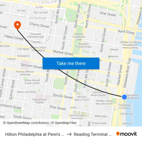 Hilton Philadelphia at Penn's Landing to Reading Terminal Market map