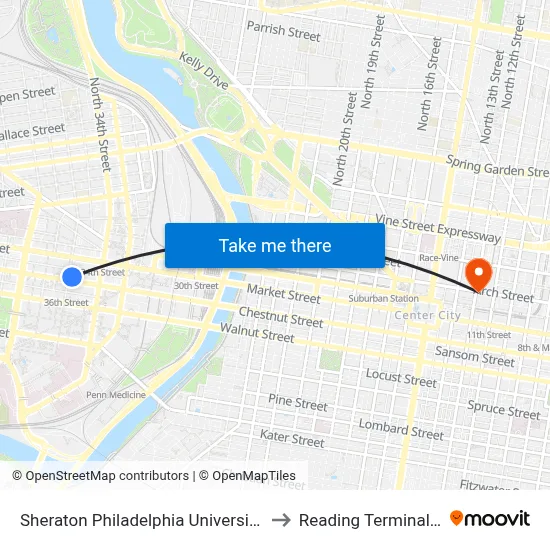 Sheraton Philadelphia University City Hotel to Reading Terminal Market map