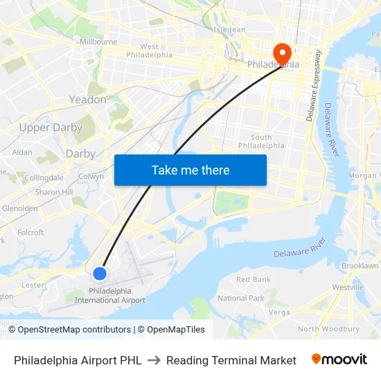 Philadelphia Airport PHL to Reading Terminal Market map