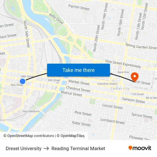Drexel University to Reading Terminal Market map