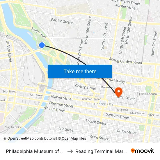 Philadelphia Museum of Art to Reading Terminal Market map