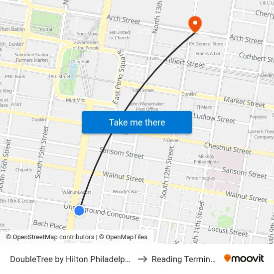 DoubleTree by Hilton Philadelphia Center City to Reading Terminal Market map