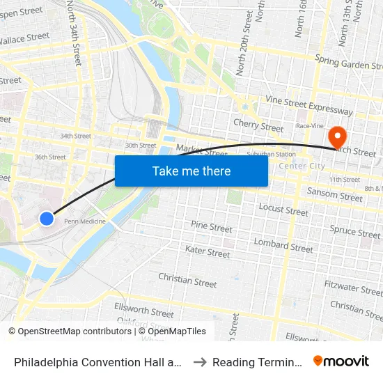 Philadelphia Convention Hall and Civic Center to Reading Terminal Market map