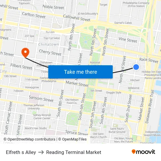 Elfreth s Alley to Reading Terminal Market map