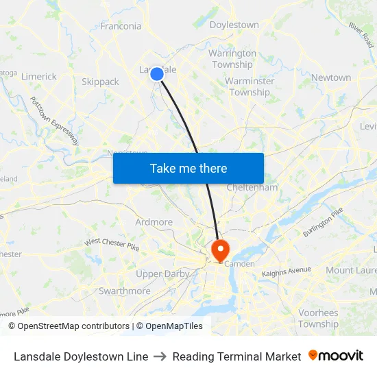Lansdale Doylestown Line to Reading Terminal Market map