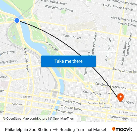 Philadelphia Zoo Station to Reading Terminal Market map