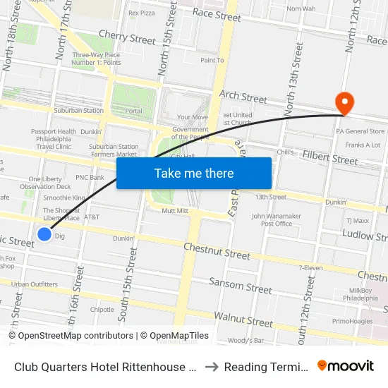 Club Quarters Hotel Rittenhouse Square Philadelphia to Reading Terminal Market map