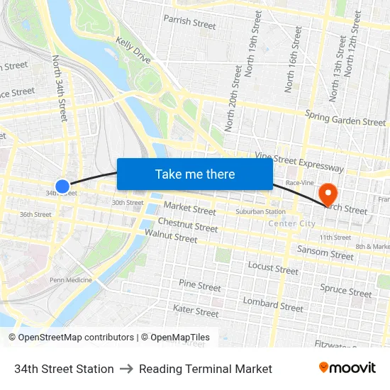 34th Street Station to Reading Terminal Market map