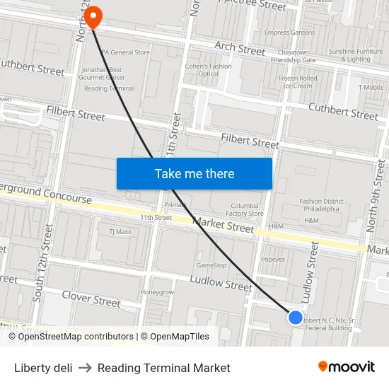 Liberty deli to Reading Terminal Market map