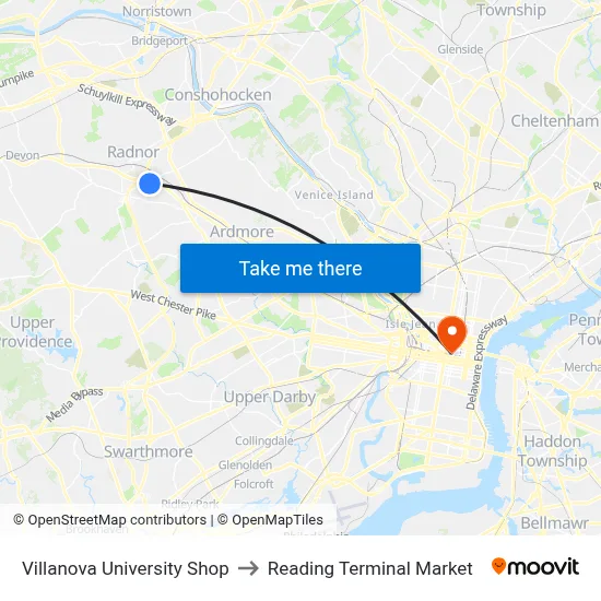 Villanova University Shop to Reading Terminal Market map