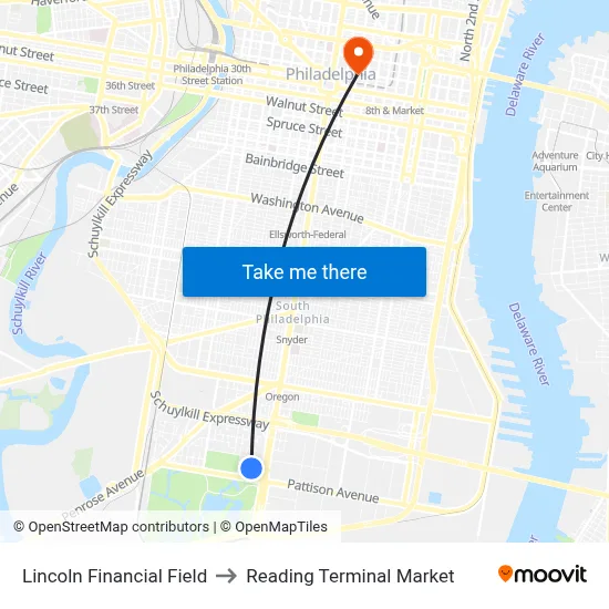 Lincoln Financial Field to Reading Terminal Market map