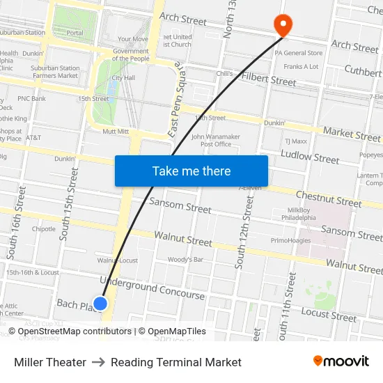 Miller Theater to Reading Terminal Market map