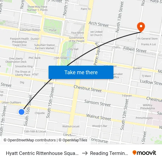 Hyatt Centric Rittenhouse Square Philadelphia to Reading Terminal Market map
