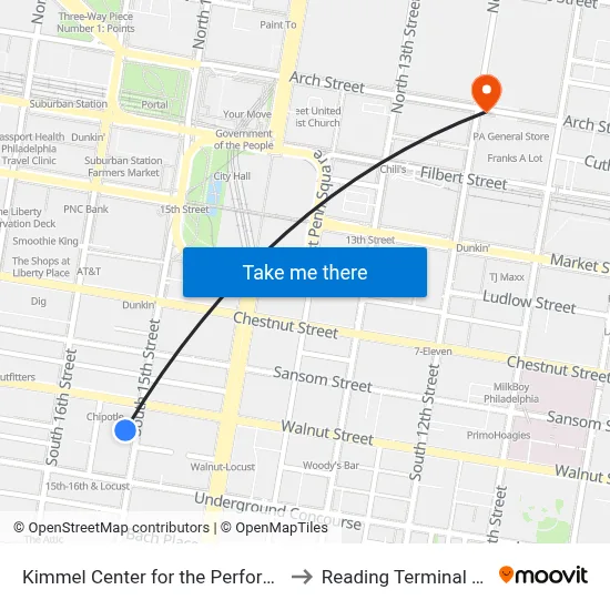 Kimmel Center for the Performing Arts to Reading Terminal Market map