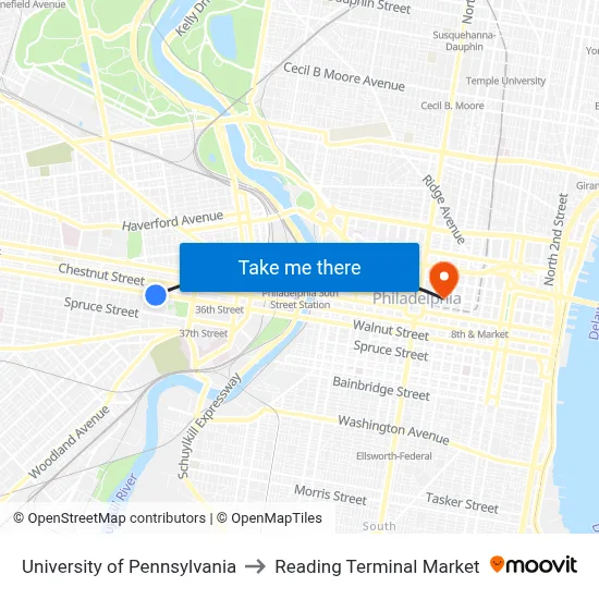 University of Pennsylvania, 4046 Walnut St to Reading Terminal Market map