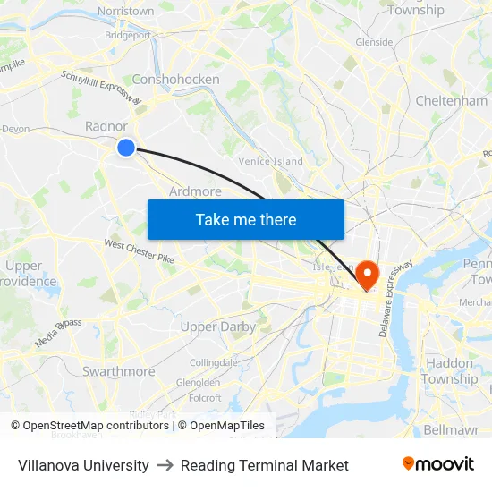 Villanova University, 299 N Spring Mill Rd to Reading Terminal Market map