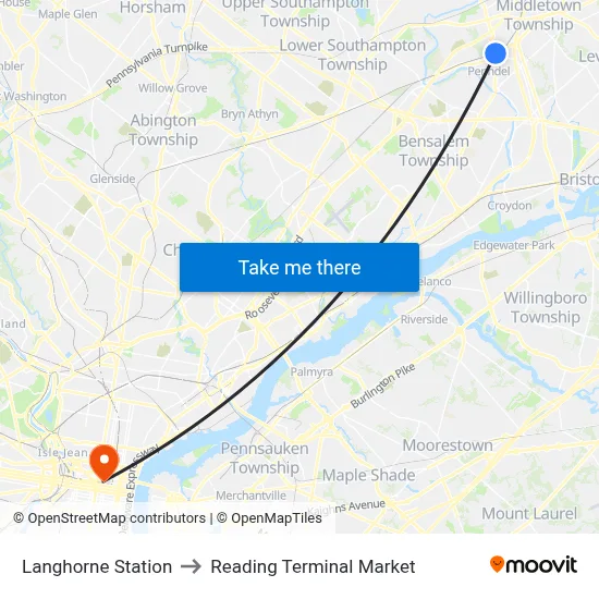 Langhorne Station to Reading Terminal Market map