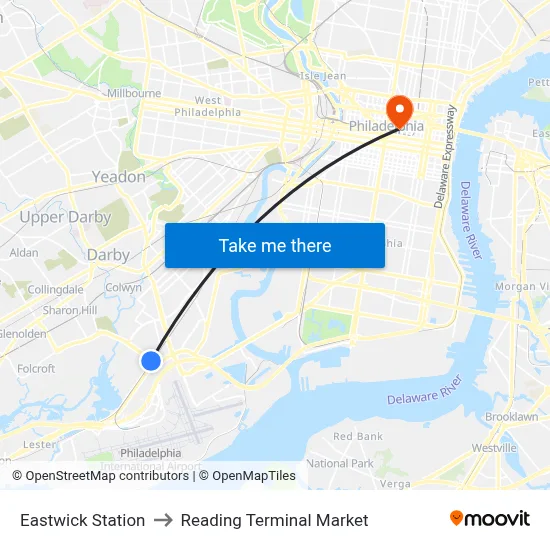 Eastwick Station to Reading Terminal Market map