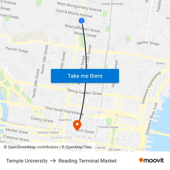 Temple University to Reading Terminal Market map