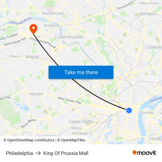 Philadelphia to King Of Prussia Mall map