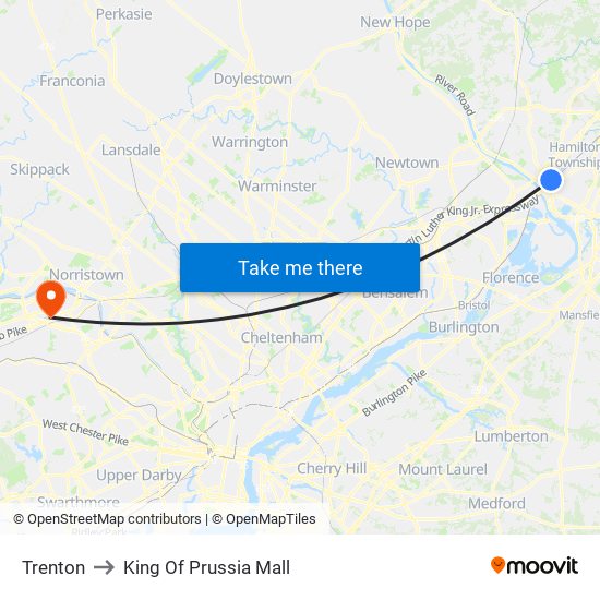 Trenton to King Of Prussia Mall map