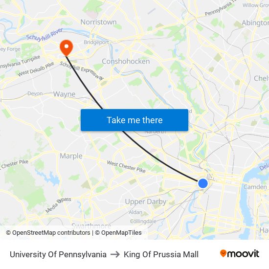 University Of Pennsylvania to King Of Prussia Mall map