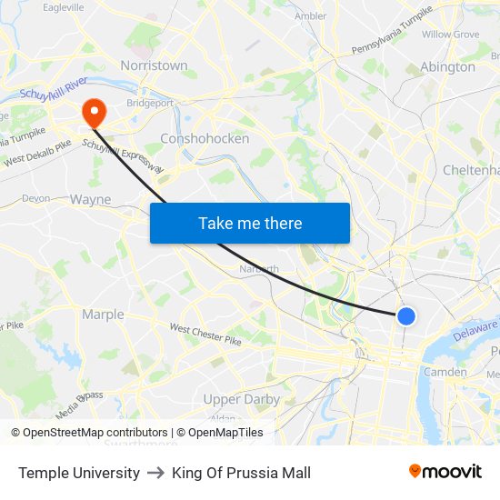 Temple University to King Of Prussia Mall map