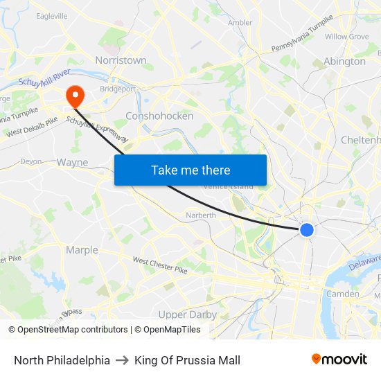North Philadelphia to King Of Prussia Mall map