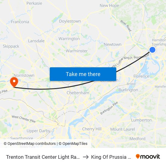 Trenton Transit Center Light Rail Sta to King Of Prussia Mall map