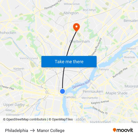 Philadelphia to Manor College map