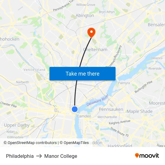 Philadelphia to Manor College map