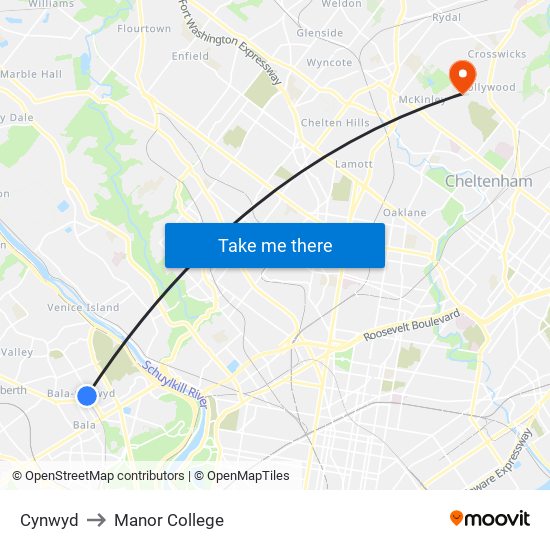 Cynwyd to Manor College map