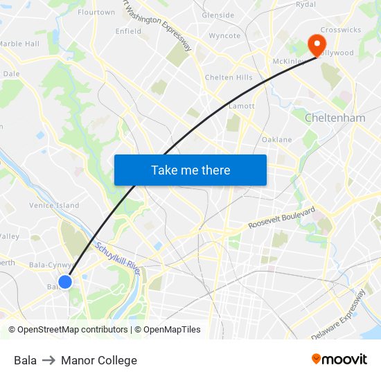 Bala to Manor College map