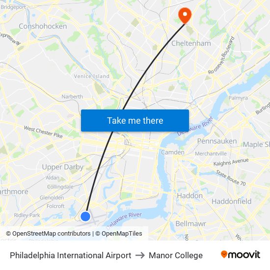 Philadelphia International Airport to Manor College map