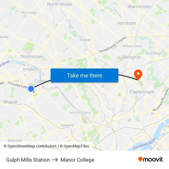 Gulph Mills Station to Manor College map
