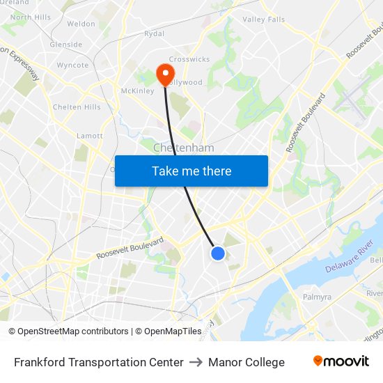 Frankford Transportation Center to Manor College map