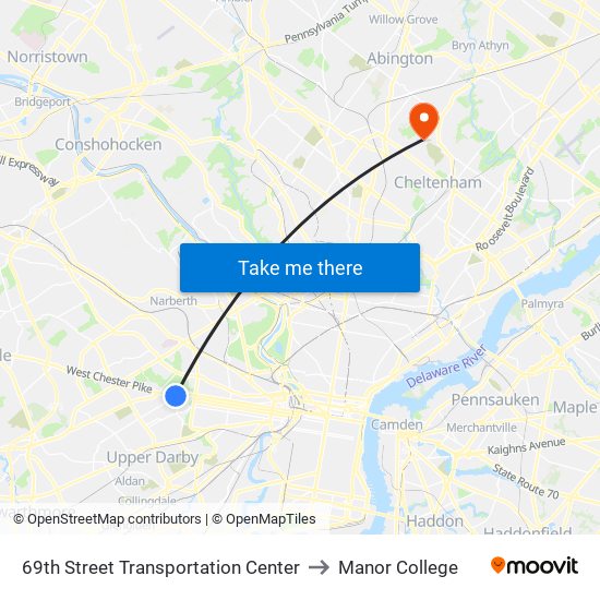 69th Street Transportation Center to Manor College map