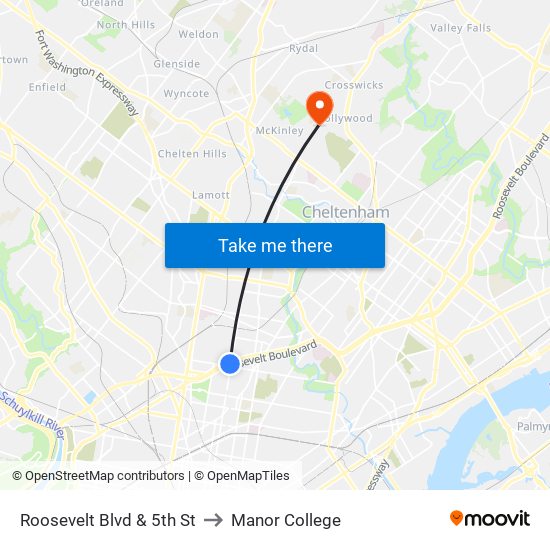 Roosevelt Blvd & 5th St to Manor College map