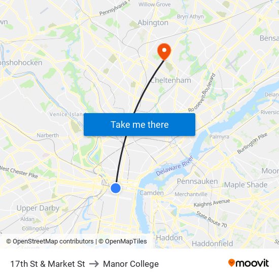 17th St & Market St to Manor College map