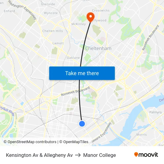 Kensington Av & Allegheny Av to Manor College map