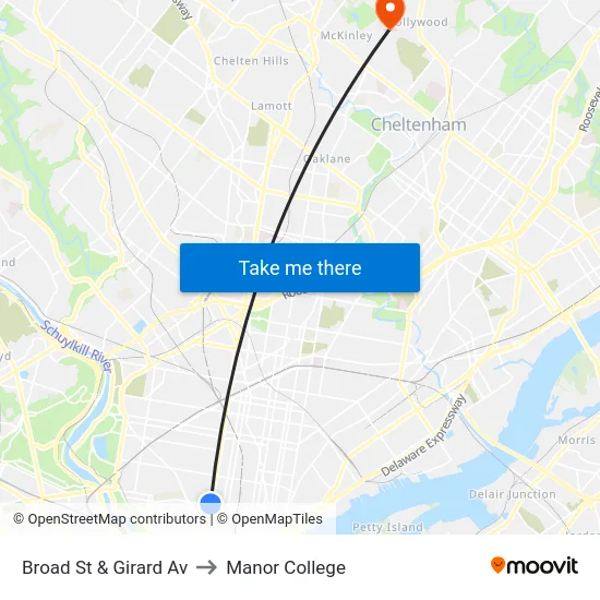 Broad St & Girard Av to Manor College map
