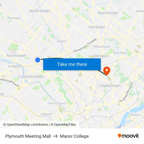 Plymouth Meeting Mall to Manor College map
