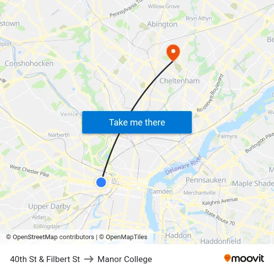 40th St & Filbert St to Manor College map