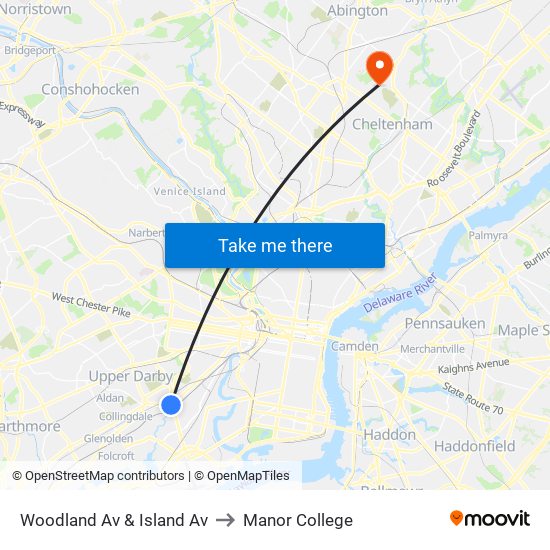 Woodland Av & Island Av to Manor College map