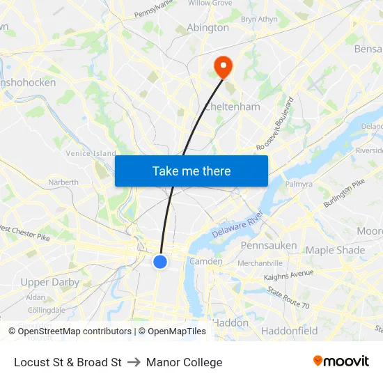 Locust St & Broad St to Manor College map