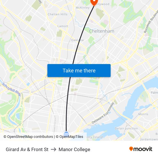 Girard Av & Front St to Manor College map
