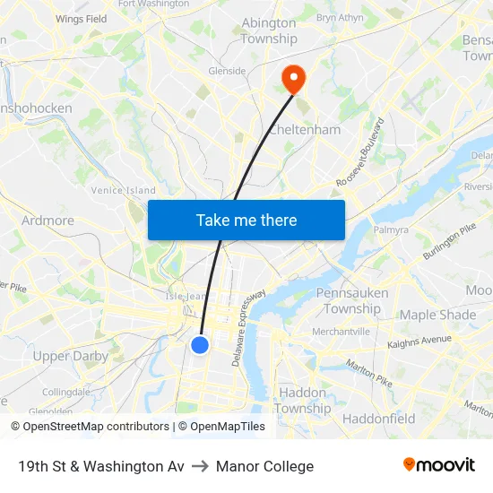 19th St & Washington Av to Manor College map
