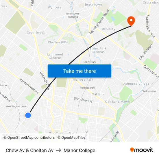 Chew Av & Chelten Av to Manor College map