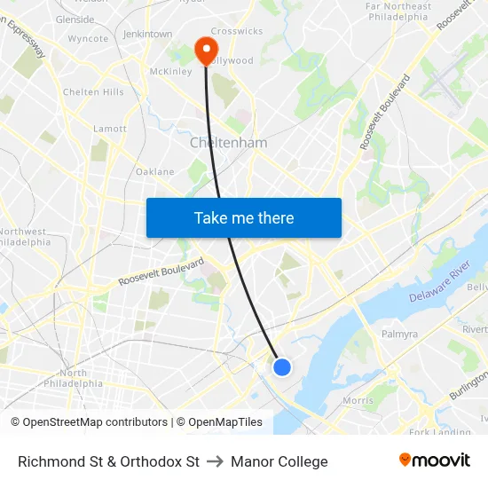 Richmond St & Orthodox St to Manor College map