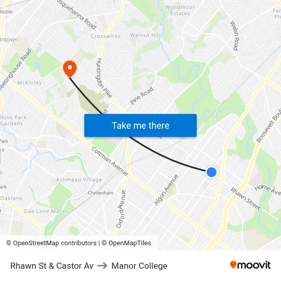 Rhawn St & Castor Av to Manor College map